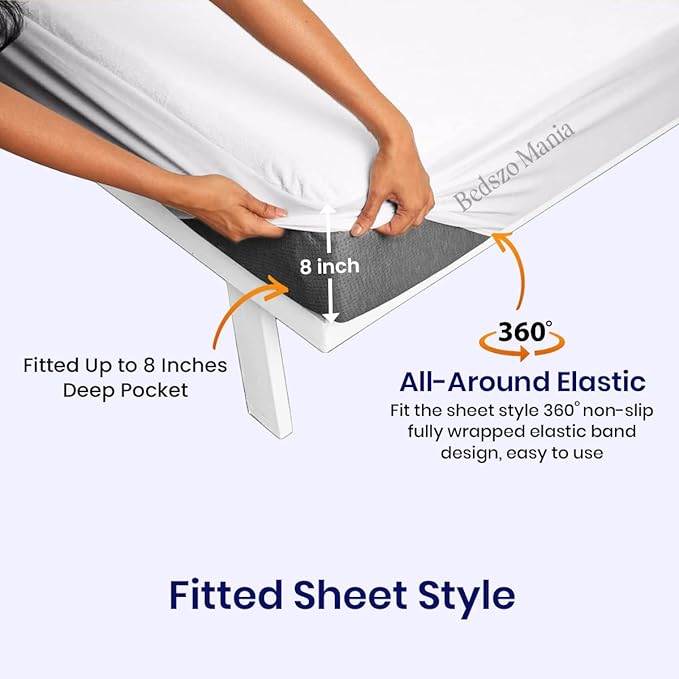 After Berth Mattress Protector Pad Cover White Color Fits Upto 8”inch Deep Pocket 100% Waterproof in After Berth Fitted Style Ultra Soft Terry Cotton Material Vinyl-Free Easily Washable