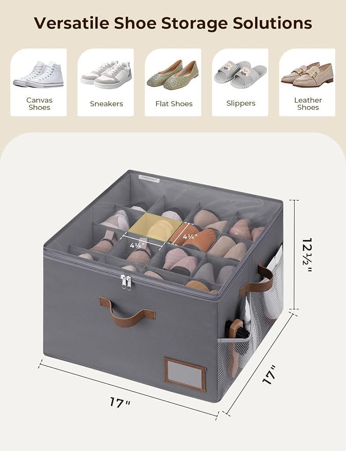 StorageWorks Shoe Organizer for Closet, Fabric Shoe Storage Boxes for Slippers and Sandals, Stackable Shoe Bins for Closet with Side Mesh Pockets, Holds Up to 16 Pairs, Grey - Image 2
