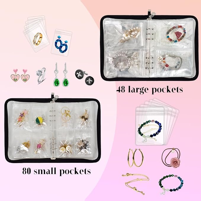 Transparent Jewelry Storage Book Travel Jewelry Organizer Earring Organizer Case Bracelet Holder for Necklace Ring with Anti tarnish Pouches, Pack of 2 - Image 3