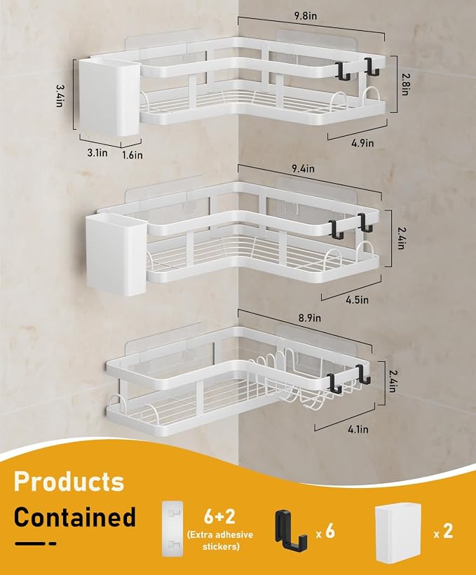 3 Pack Corner Shower Caddy Organizer, Rustproof Corner Shower Shelves, No Drilling Bathroom Corner Shelf with Hooks and Toothpaste Holder - Image 8