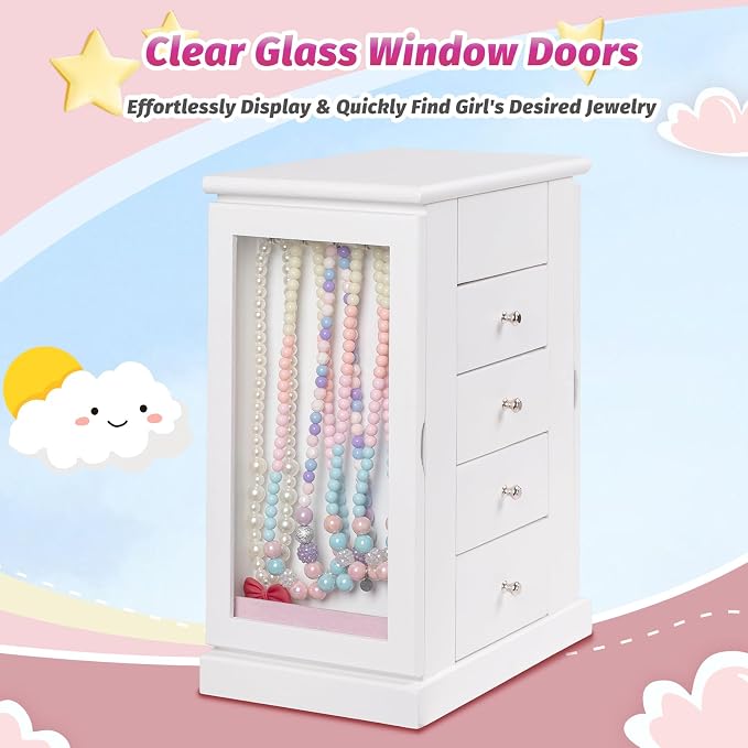 Emfogo Jewelry Box for Girls, Musical Jewelry Box with Spinning Dancer Gifts for Little Girls Christmas New Year Birthday Children's Day, 5 Layer Large Wooden Kids Music Jewelry Organizer Box(White) - Image 6