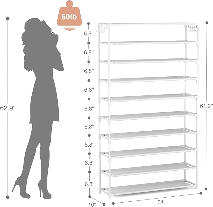 LANTEFUL 10 Tiers Shoe Rack 50 Pairs Large Capacity Tall Shoe Organizer Sturdy Shoe Storage with Two Hooks Space Saving Metal Wide Shoe Rack for Closet, Entryway, Bedroom, White - Image 3