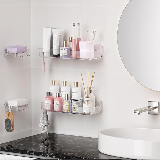 Sotfamily Clear Shower Caddy, Acrylic Wall Mounted Shower Shelves with Soap Dish & Adhesive Pads for Bathroom Organizers and Storage, No Drill Shower Caddies for Bathroom Decor - Image 4