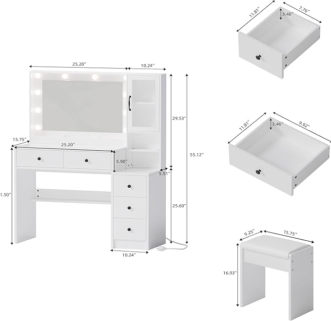 UGTOO White Vanity Table with Drawer Dresser, Farmhouse Vanity Makeup Desk with Charging Station, Vanity Desk with Lights Mirror & Drawers for Makeup, Vanity Desk with Storage Shelf & 5 Drawers