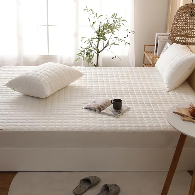 Quilted 100% Cotton Mattress Cover – 6 Colors, Machine Washable, Breathable & Stretchy, Fits up to 16-Inch Deep, Twin/Full/Queen/King (Ivory, Twin)
