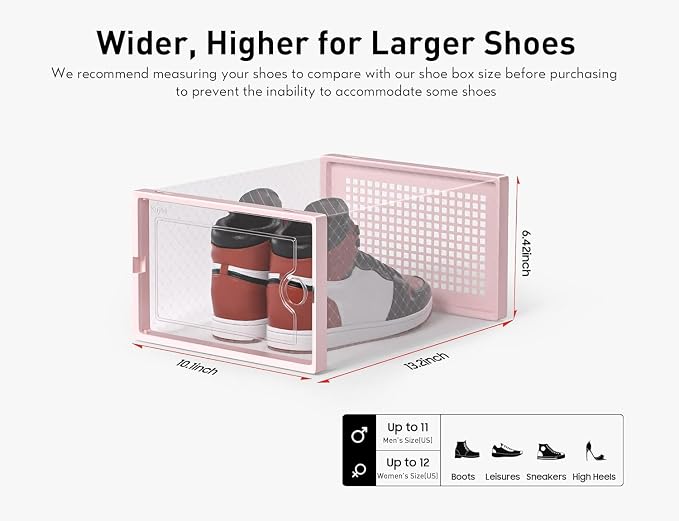 Kuject X-Large Shoe Storage Boxes Organizers Clear Plastic Stackable 12 Pack, Shoe Rack & Holder Substitute, Sneaker Containers, Toy Storage Organizer Bins for Entryway, Closet, Under Bed, Pink - Image 2