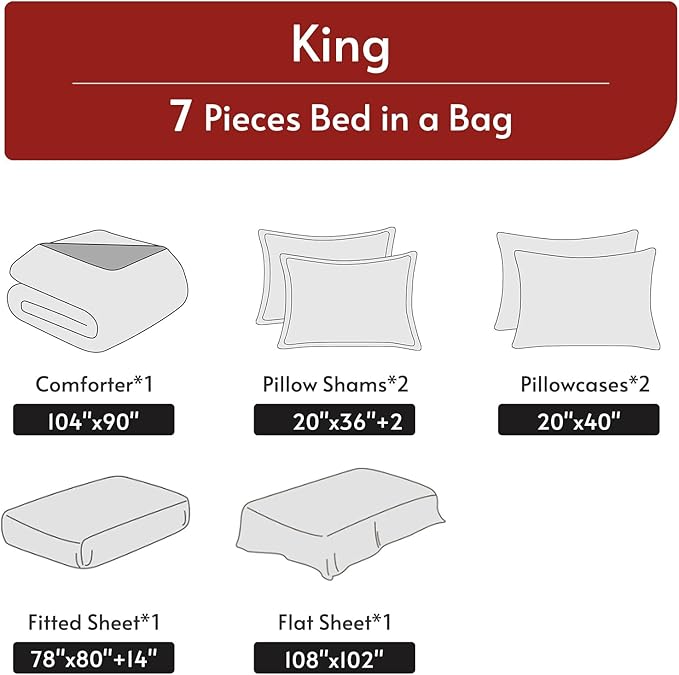 MUXHOMO 7 Pieces King Comforter Set, Reversible Bed in a Bag King Size, All Season Bedding Set with Comforter, Flat Sheet, Fitted Sheet, Pillowcases & Shams, Red & Black