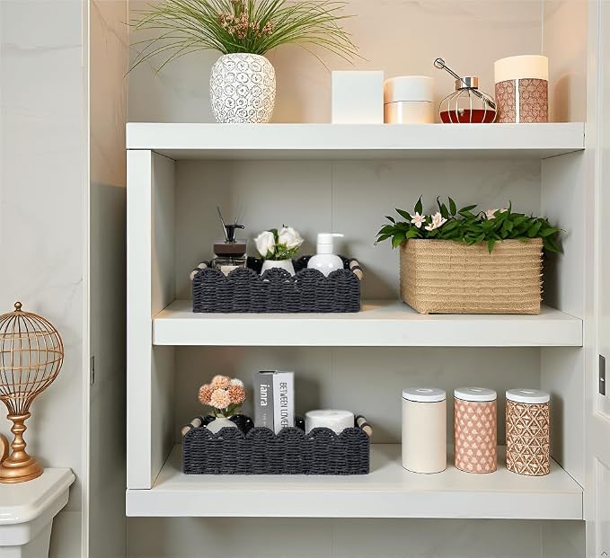 CubesLand Toilet Paper Storage Basket, Scalloped Edge Shelves Basket for Organizing for Over Toilet Tank Storage, Home Decor Baskets for Shelf, Countertop, Living Room, Bedroom, Handwoven, Black - Image 4