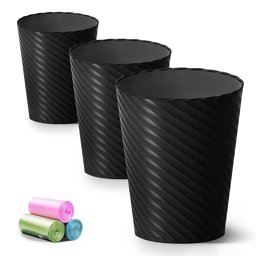Lysam Bathroom Trash Can, 3 Pack 1.8 Gallons Small Trash Can with Trash Bags, Bathroom Garbage Can, Plastic Trash Bin, Round Waste Basket for Bedroom, Office, Kitchen, Room, Compact Space (Black) by Lysam