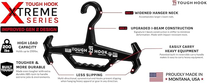 Tough Hook Original Xtreme Heavy Duty Hanger - The Superhero of Hangers USA-Made 200lb Capacity - Anti-Slip Design for Police Body Armor, Scuba BCD & Wetsuits - Durable ABS DuraResin, 1 Pack Black - Image 8