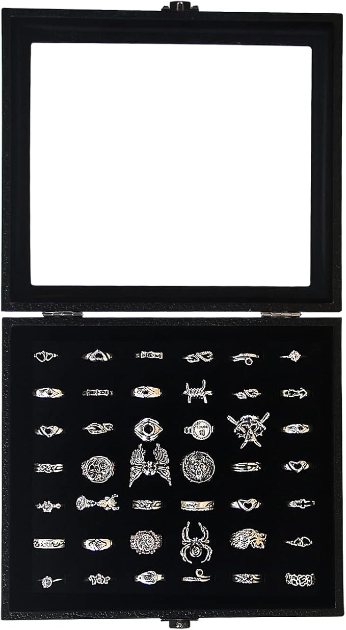 Pangkeep Ring Organizer Display Case,Black Jewelry Storage Tray Boxes for Multiple Rings,Glass Lid,Stackable. (42 Slots) - Image 2