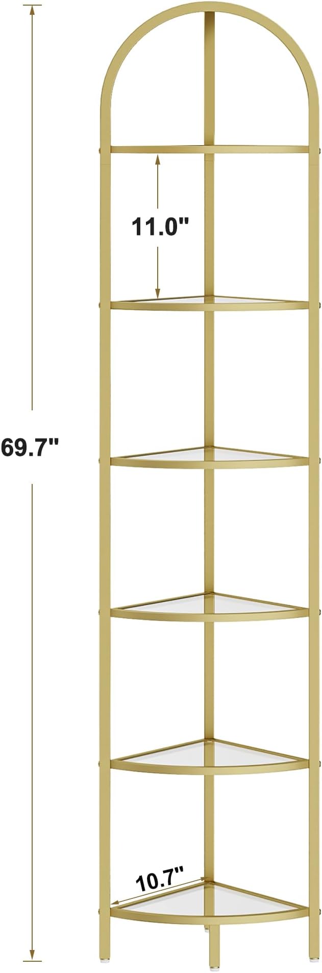 Homhedy 6-Tier Corner Shelf Stand, Metal Corner Bookshelf, Tempered Glass Shelves, Bathroom Storage Rack Shelf, Plant Stand, Modern Style, Golden - Image 2