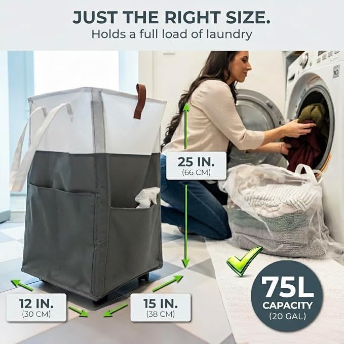 Laundry Basket with Wheels – Foldable, Space-Saving, Fabric Slim Laundry Hamper with Removable Bag and Side Pouches – Lightweight 75L Washing Basket for Clothes, Bedroom, Bathroom, Dorm - Image 3