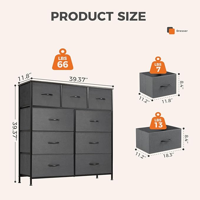 Sweetcrispy 9 Drawer Fabric Dresser Tall Chest Storage Organizer Tower with Cabinet Metal Frame and Wood Top Lightweight Closet Furniture for Bedroom,Charcoal Grey