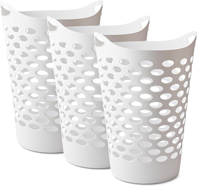 2 BUSHEL Flexible Laundry Basket,Tall plastic hamper for Clothes, Bedroom, and Storage - Portable Round Bin with Carry Handles 17.75" x 17.25" x 26", White (3) by Unknown