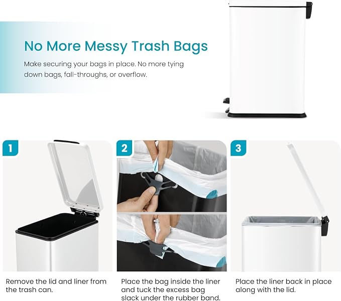 Home Zone Living 8 Gallon Slim Kitchen Trash Can with Soft Close Lid, Step Pedal, Bag Tuck Band, and Removable Liner, Stainless Steel, Matte White, 30 Liters - Image 4