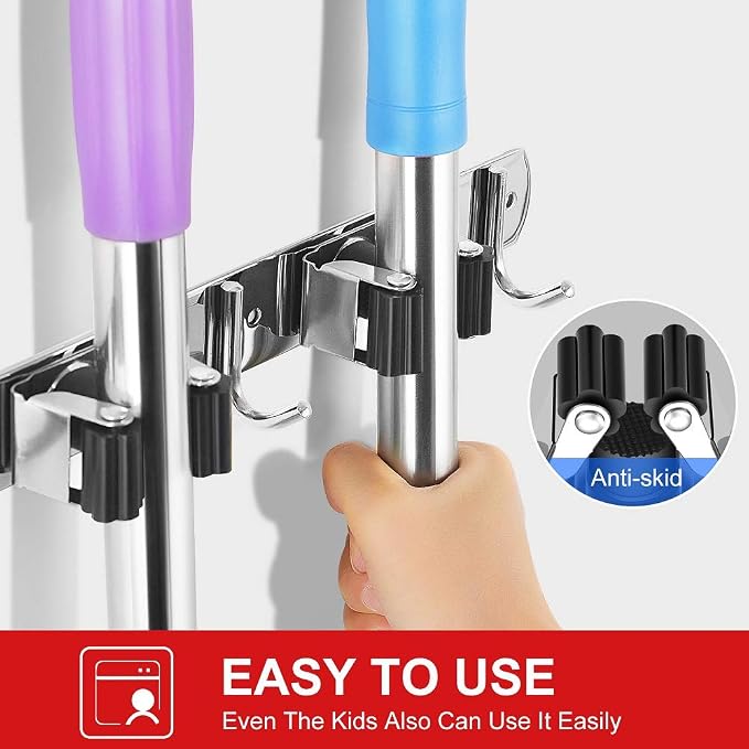 IMILLET 2 Pack Broom and Mop Holder Wall Mounted, Stainless Steel Broom Holder Mop Holder Self Adhesive Heavy Duty Hooks Storage Organizer for Home Laundry Room Garden Garage Closet Kitchen - Image 5