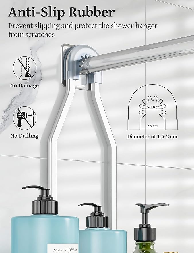 YASONIC Never-Rust Aluminum Hanging Shower Caddy – Over-the-Showerhead Organizer with 10 Hooks for Razor and Sponge – Includes Soap Basket – Silver - Image 4
