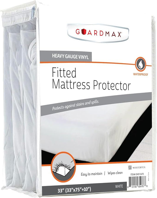 Guardmax Heavy Gauge Vinyl Cot Size Mattress Protector - Waterproof & Dust Proof Mattress Cover with Stretchable Pockets - Soft, Comfortable, & Noiseless Waterproof Fitted Sheet.(33 x 75 X 10)