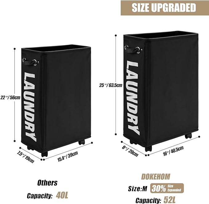 DOKEHOM 25-Inches Slim Laundry Basket on Wheels, Collapsible Rolling Laundry Hamper, Foldable Narrow Corner Clothes Storage Bins (Black) - Image 3