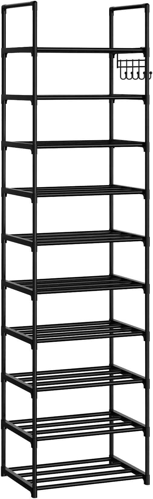 Narrow Shoe Rack 10 Tiers Tall Shoe Rack for Entryway Closet 20 24 Pairs Shoe & Boots Organizer Storage Shelf Durable Black Metal Stackable Shoe Cabinet with Hooks, 17.1D x 11.8W x 78.7H in - Image 7