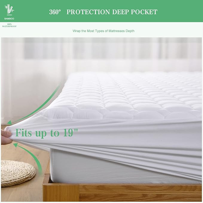 UNILIBRA Twin XL Mattress Protector Waterproof Rayon from Bamboo, Deep Pocket Mattress Pad Cover Fit up to 6''- 19'', Breathable Soft Filling Quilted Fitted Mattress Topper