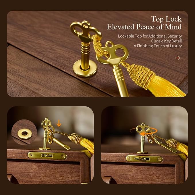 Lockable Walnut Jewelry Box with Key, 5-Layer Jewelry Organizer Storage Box for Necklaces, Rings, Earrings & Bracelets - Mothers Day Gifts for Mom - Image 4