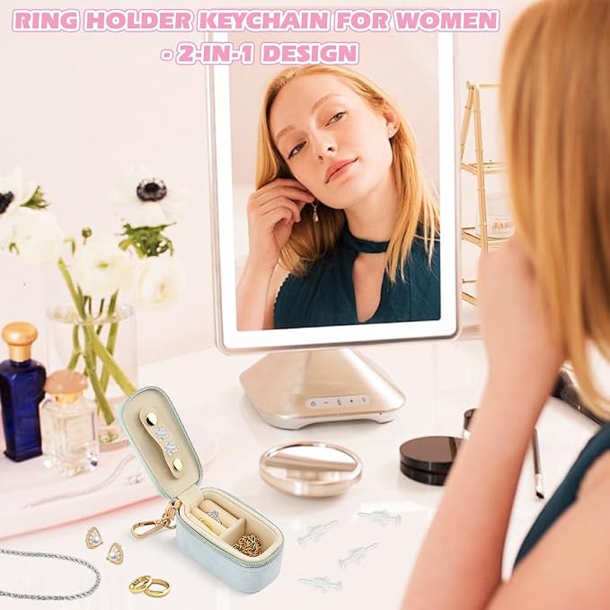 Velvet Mini Travel Jewelry Case, 2 in 1 Ring Holder Keychain + 50 Plastic Earrings, Portable Small Jewelry Organizer for Women, Travel/Gym/Wedding/Bridesmaid Gift - Image 5