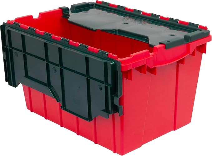 Akro-Mils KeepBox 12 Gallon Storage Container, Nesting and Stackable Plastic Storage Box with Lid Attached, Organizer Tote for Garages, Closets, and Moving, 21-1/2" x 15" x 12-1/2", Red/Green by Akro-Mils