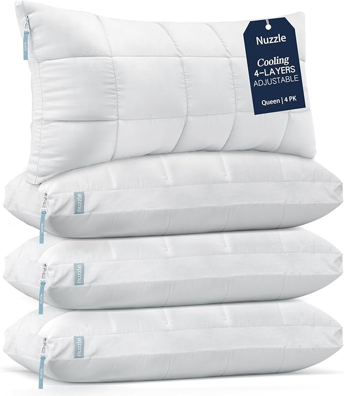 Nuzzle Pillows Queen Size Set of 4 Cooling Adjustable Pillows for Side Sleepers, Luxury Hotel Collection Bed Pillows – Best Adjust Height Soft Firm Pillows for Back, Stomach and Side Sleepers