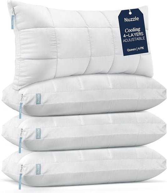 Nuzzle Pillows Queen Size Set of 4 Cooling Adjustable Pillows for Side Sleepers, Luxury Hotel Collection Bed Pillows – Best Adjust Height Soft Firm Pillows for Back, Stomach and Side Sleepers