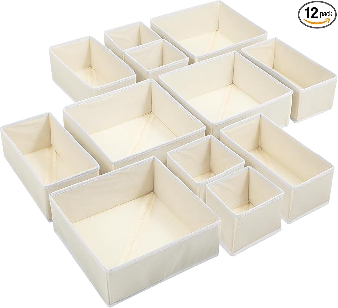 12 Pack Linen Drawer Organizer Set – Collapsible Fabric Storage Bins for Baby Clothes, Diapers, Socks, Bras & More (Beige, 3 Sizes) by Unknown