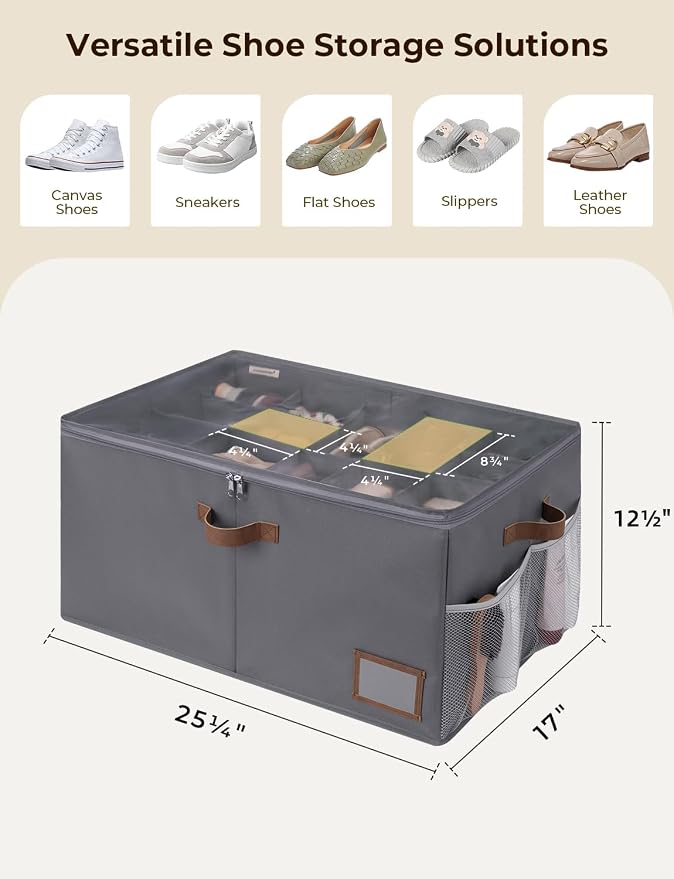 StorageWorks Shoe Organizer for Closet, Shoe Storage Containers for Entryway, Fabric Shoe Storage Organizer for Slippers and Flats, Shoe Storage Bins with Side Mesh Pocket, Fits up to 20 Pairs, Grey - Image 2