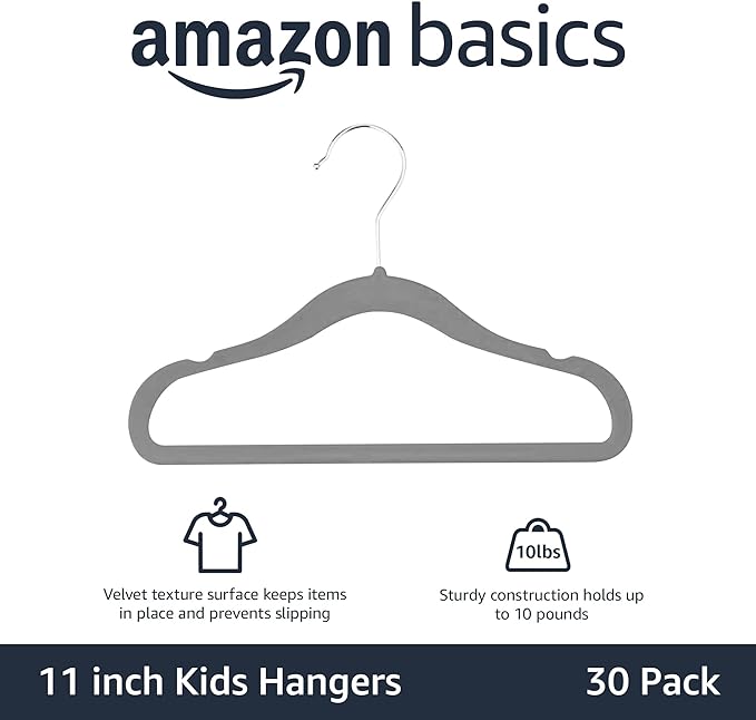 Amazon Basics Kids Velvet Non-Slip Space Saving Clothes Hangers with Shoulder Notches, Sturdy Closet Organizer for Baby/Toddler, 11.6", Gray, 30-Pack - Image 2