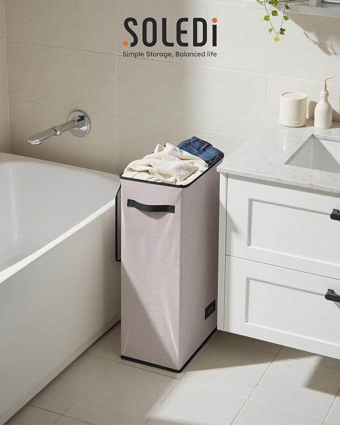 SOLEDI Slim Laundry Hamper with Lid, Narrow Laundry Basket with Removable Bags, Dirty Clothes Hamper with handle, Small Hamper perfect for Laundry room, Bathroom, Bedroom, Small spaces.Light taupe - Image 8