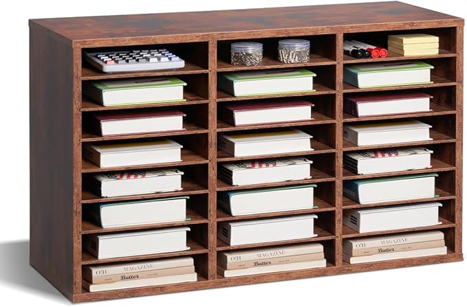 VEVOR Literature Organizer, 24 Compartments Office Mailbox with Removable Shelves, Wooden Mailbox Sorter Particle Board Office Home Classroom Storage, File Sorter for Documents, Papers, Dark Brown by VEVOR
