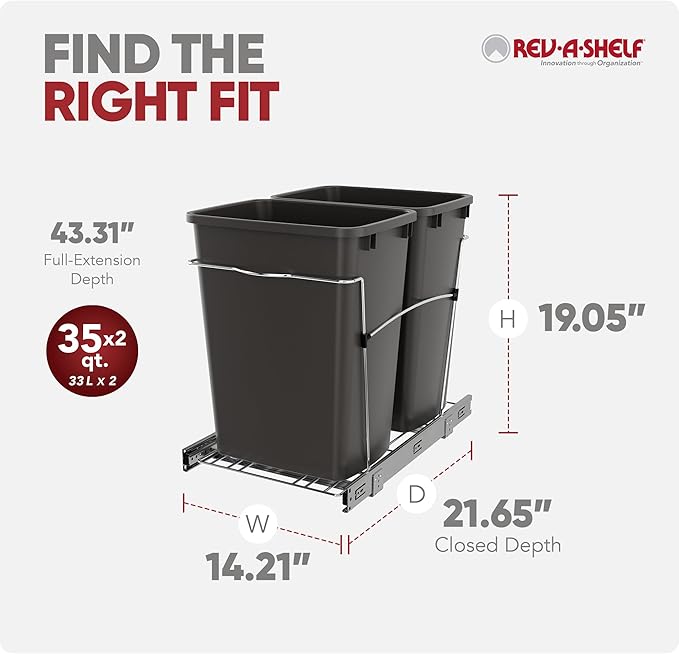Rev-A-Shelf RV-18KD-13C-S Double Pullout Trash Can for Kitchen Cabinets 35 Quart Garbage Recycling Bin on Full Extension Slides, Gray - Image 3