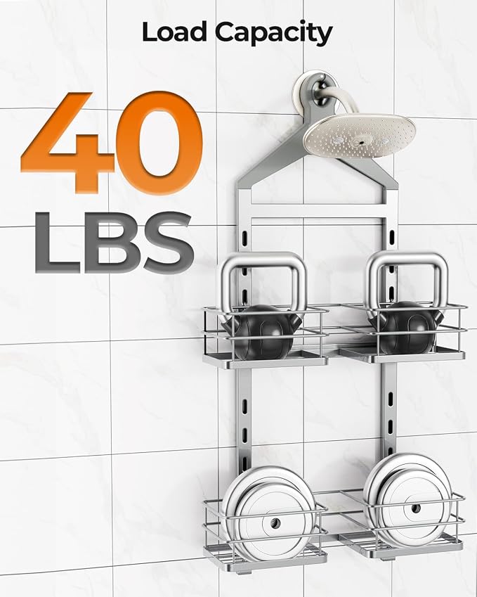 ODesign 2 Tier Height-Adjustable Shower Caddy Hanging Anti-Swing-Over The Shower Head Caddy-Storage Organizer Bathroom Shelves Basket-Silver - Image 9