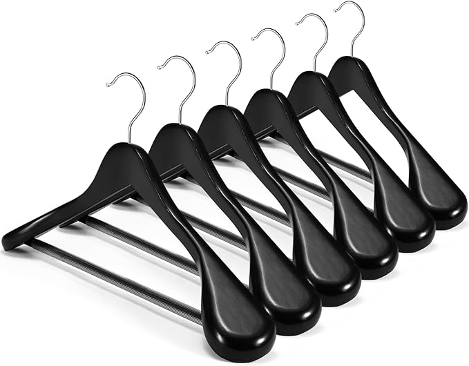 HOUSE DAY High-Grade Suit Hangers, Wide Shoulder Wooden Hangers with Non Slip Pants Bar, Smooth Finish 360° Swivel Hook Solid Wood Coat Hangers for Dress, Jacket, Heavy Clothes Hanger 6 Pack (Black) by HOUSEDAY