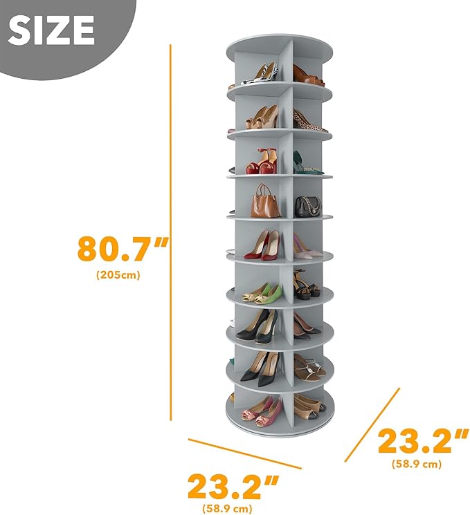 SpaceAid 9 Tier Rotating Shoe Rack Tower, Spinning Shoe Display Lazy Susan, Revolving 360 Shoe Rack Storage Round Carousel, Vertical Handbag Rotate Shoes Closet Organization (9-Tier Gray) - Image 2