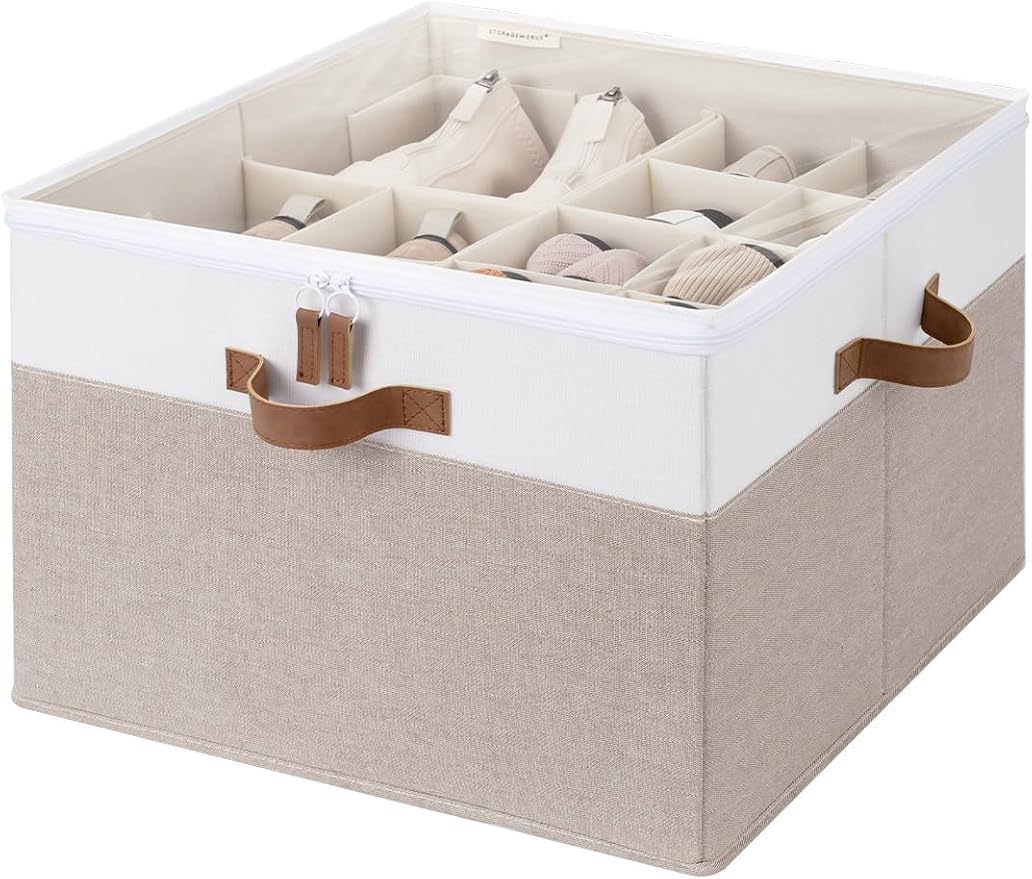 StorageWorks Shoe Organizer for Closet, Fits up to 16 Pairs, Shoe Cubby Storage Containers with Adjustable Dividers and Clear Cover, Brown & White by StorageWorks