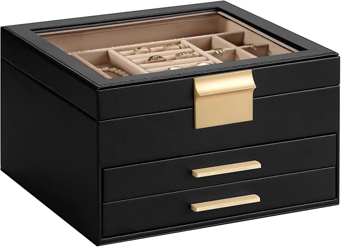Somduy Jewelry Box Organizer for Women,3 Layers Jewelry Storage Display Box with Glass Lid,Gift for Christmas,3 Drawers,Large Capacity for Necklace Earrings Bracelets Rings,Black by Somduy