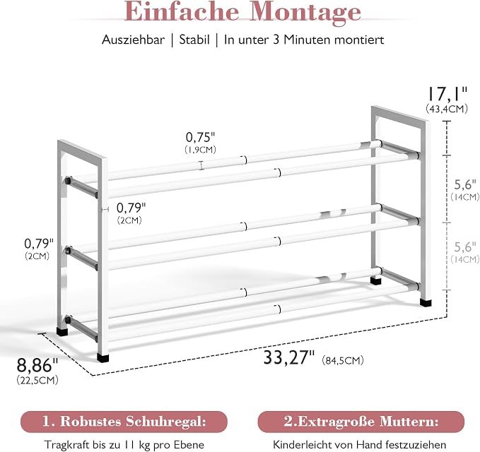 Bumusty 3-Tier Expandable Shoe Rack for Closet, 18“-33” Adjustable Shoe Rack for Small Space, Small Shoe Organizer for Front Door, Sturdy Metal, White - Image 3