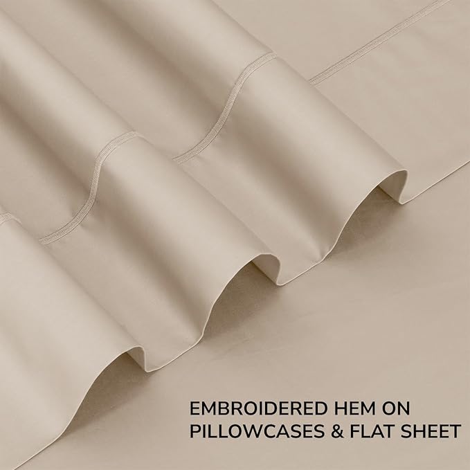 Feather & Stitch 500 TC King Size 4pc Damask Bed Sheet Set, 100% Soft Cotton Breathable Bedsheets, 18" Deep Pockets Sateen Weave Solid Bedding Mattress Resort Hotel Luxury Decor - (Champagne Beige)