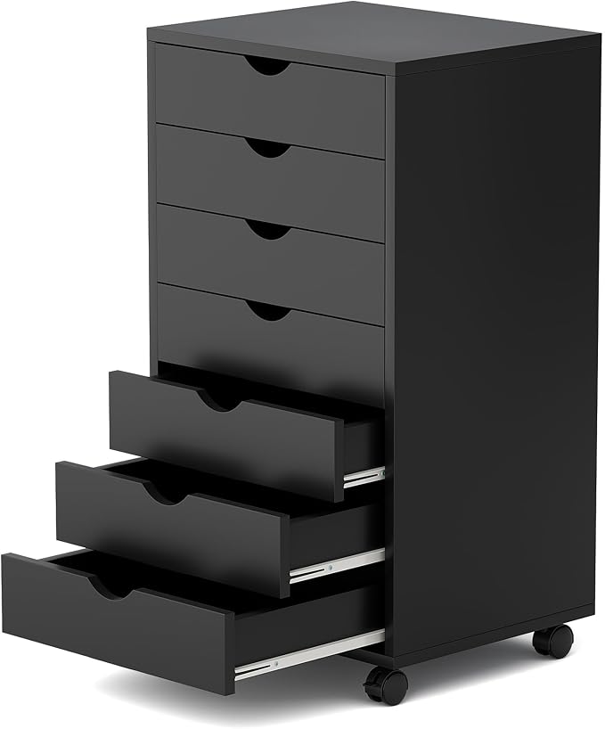 7 Drawer Mobile File Cabinet Under Desk Storage Organization with Wheels Vertical Filing Chest Rolling Wood Small Desk Printer Stand for Home, Black by ALPEN