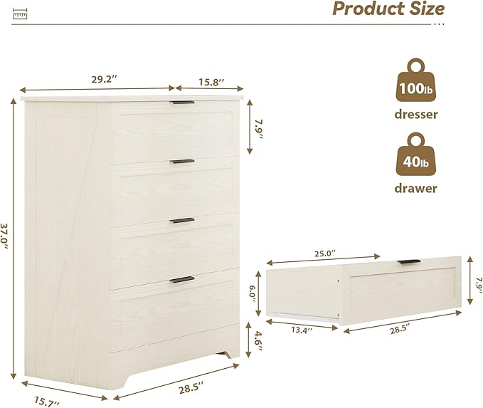 FTZxHKLX 4 Drawer Dresser for Bedroom, Tall Bedroom Dresser with Large Drawer & Black Handles, Wooden Storage Organizer Cabinet Chest of Drawer for Closet, Living Room, Hallway, Light Oak