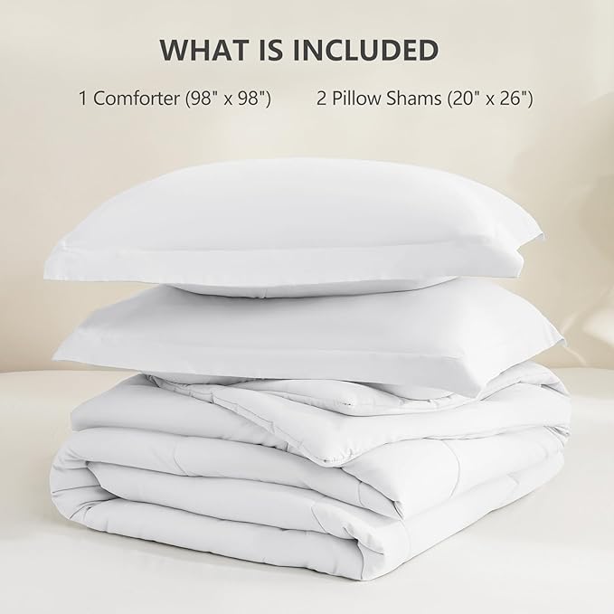 CozyLux Oversized Queen Comforter Set, 3 Pieces White 98x98 Box Stitched Design Soft Bedding Set, All Season Lightweight Breathable Bed Set with 1 Down Alternative Comforter and 2 Pillow Shams