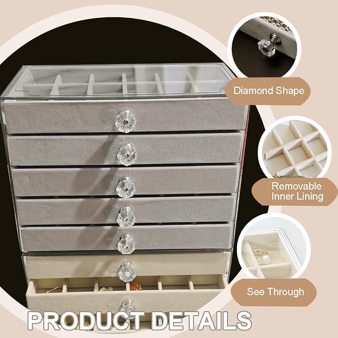 SPAKOWN Earring Box Holder Organizer Display Case, Clear Velvet Jewelry Storage Tray Organizer for Earring Ring Stud (Grey - 5 Drawers) - Image 5