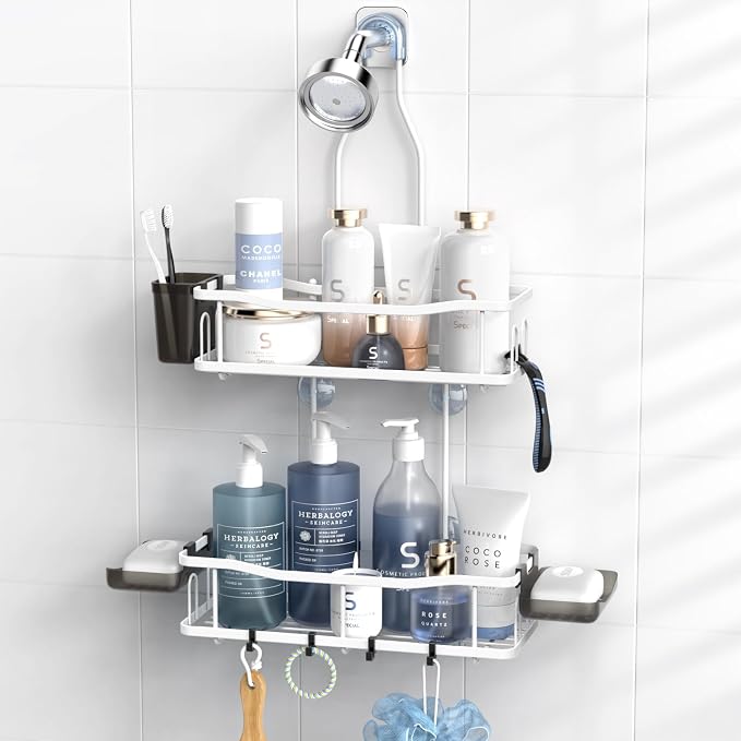 Aitatty Hanging Shower Caddy Bathroom Organizer: Rustproof Shower Shelf Racks Over Shower Head - No Drilling Inside Bath Shower Rack Shelves Over Showerhead for Shampoo with Soap Holder White by Aitatty