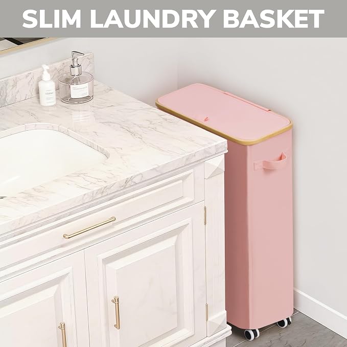 Goodpick Slim Laundry Basket with Wheels and Lid, 75L Tall Laundry Hamper with Bamboo Frame Removable Bag, Collapsible Clothes Hamper for Dorm Home Decor, Pink, 17" x 9.8" x 29.5" - Image 6